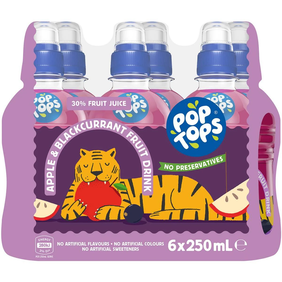 Pop Tops Apple Blackcurrant Fruit Drink Kids Lunch Box Bottles 250ml X 6 Pack