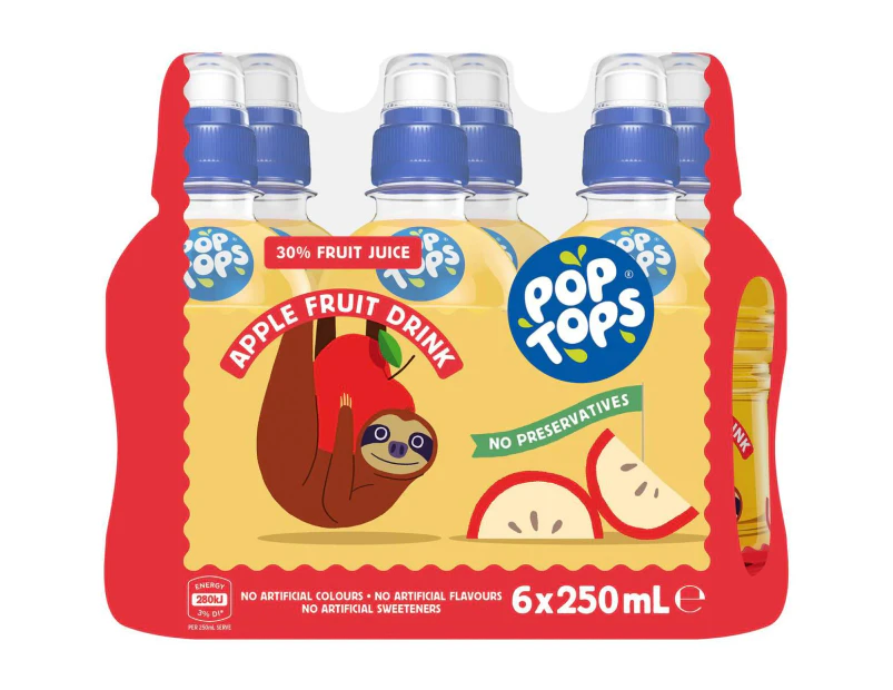 Pop Tops Apple Fruit Drink Kids Lunch Box Bottles 250ml X 6 Pack