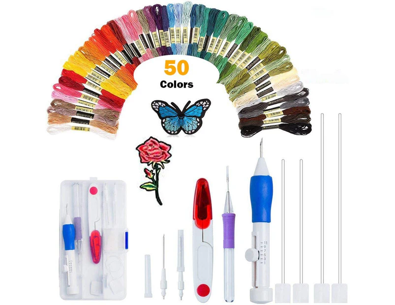 Embroidery Starter Kit Full Set, Punch Needle Set Magic Embroidery Pen, 50 Color Threads for DIY Sewing Embroidery Cross Stitch