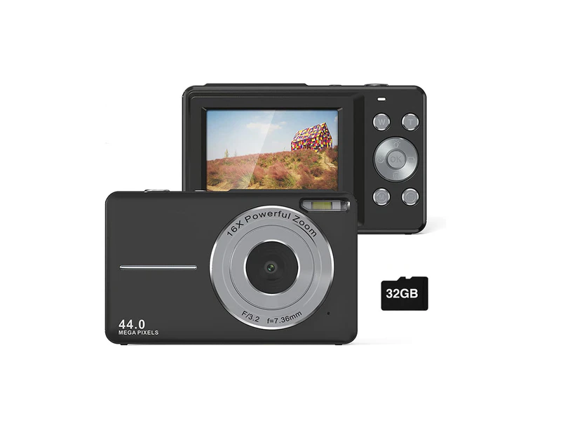 16X Zoom Digital Camera with 32GB Card 1080P Mini Video Camera for Teens Kids Black