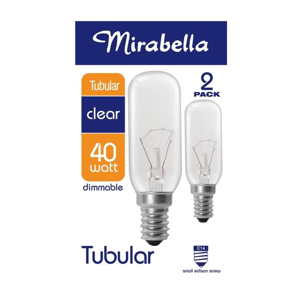 Mirabella E14 40W Tubular Dimmable Bulbs, Clear - 2 Pack