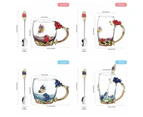 Red Blue Rose Enamel Crystal Tea Cup Coffee Mug Butterfly Rose Painted Flower Water Cups Clear Glass with Spoon Set Perfect Gift-Blue Short