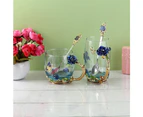 Red Blue Rose Enamel Crystal Tea Cup Coffee Mug Butterfly Rose Painted Flower Water Cups Clear Glass with Spoon Set Perfect Gift-Blue Short