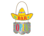 Mexican Taco Fiesta Cinco Hanging Metal Sign & Rope Hanger The Bar is Open