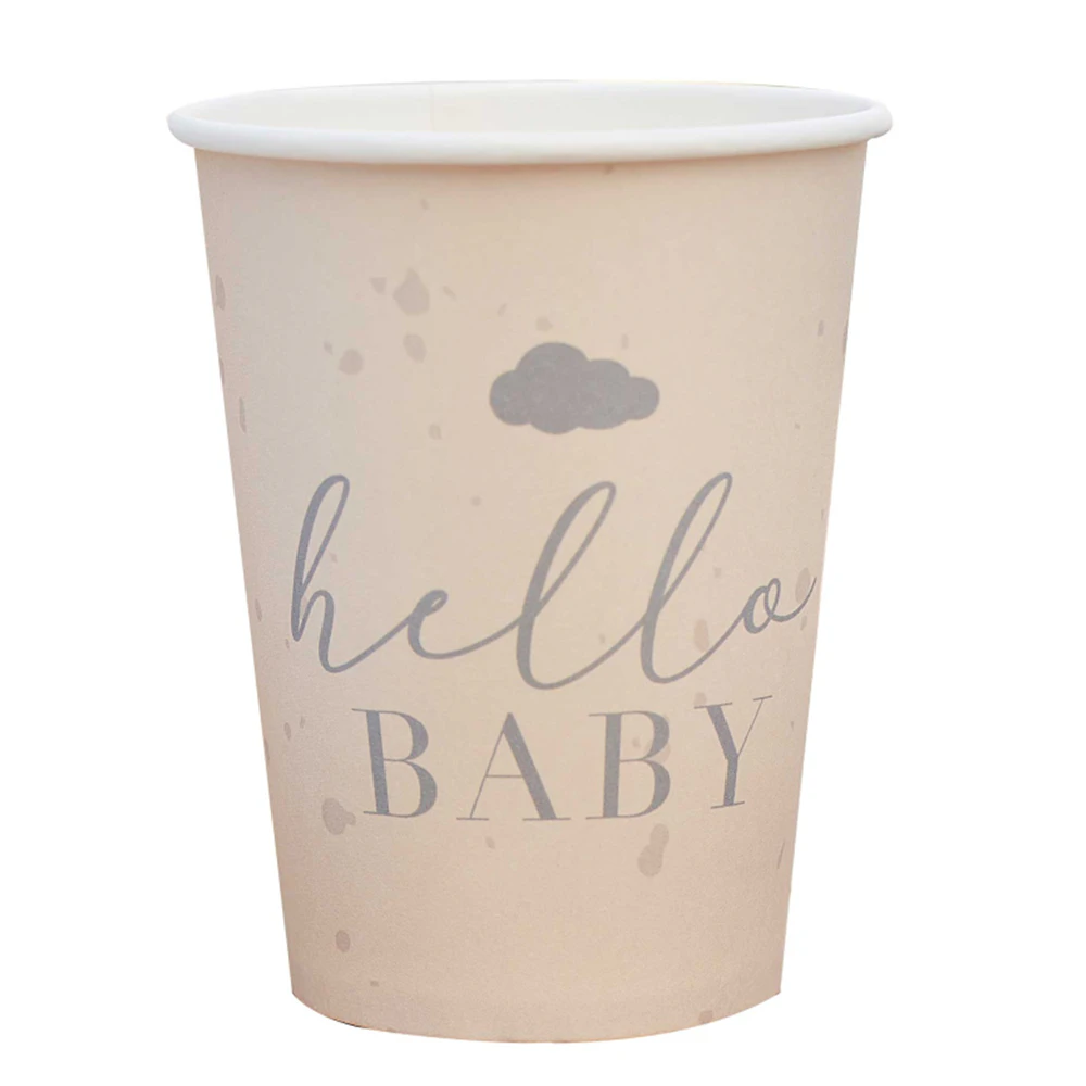 Baby Shower Hello Baby Speckle Cream & Grey Paper Cups 8 Pack