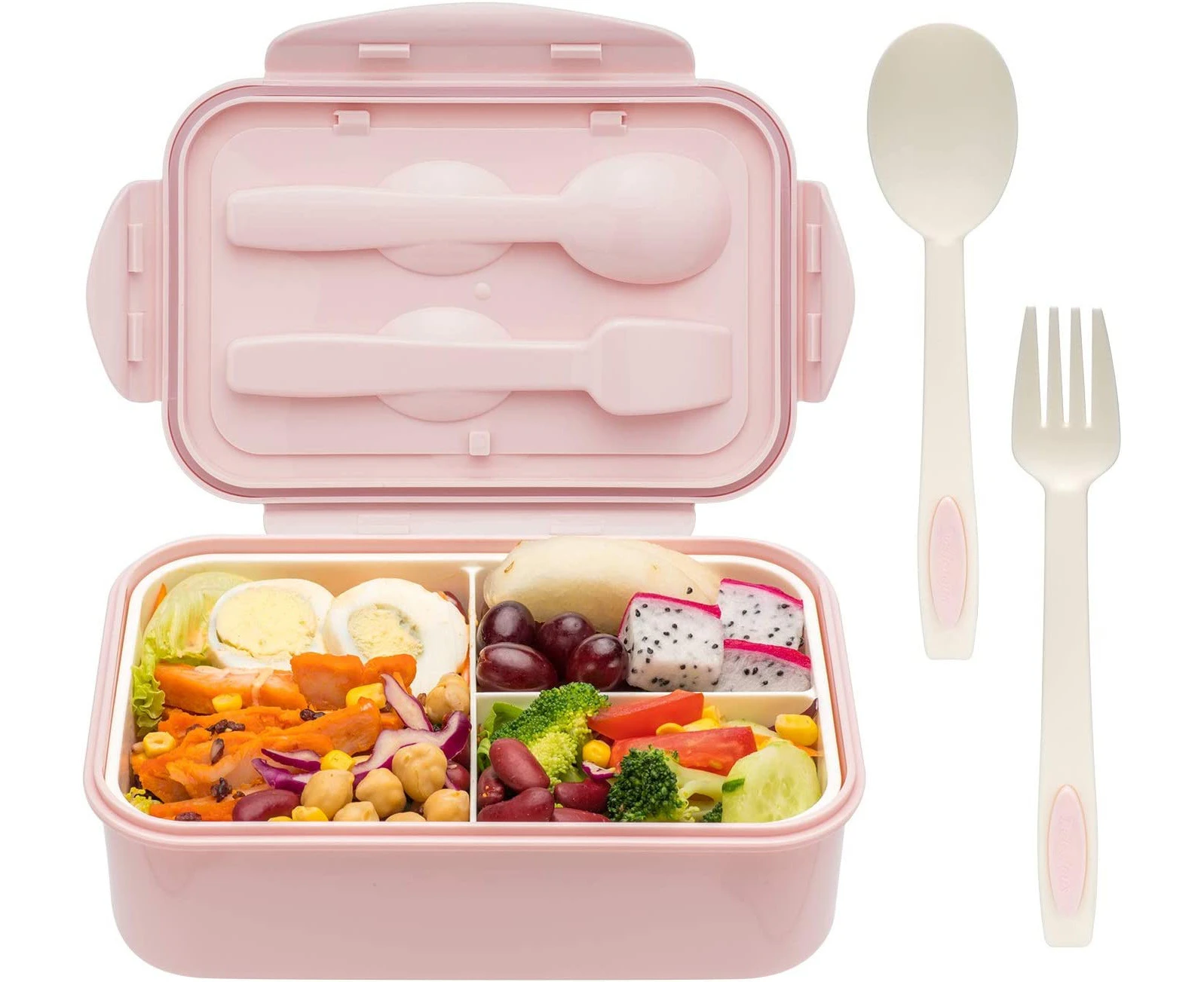 HSNMAFWIN-Bento Boxes for Adults - 1400 ML Bento Lunch Box for Kids Childrens with Spoon Fork - Durable Leak-Proof On-the-Go Meal BPA-Free and Food-Pink