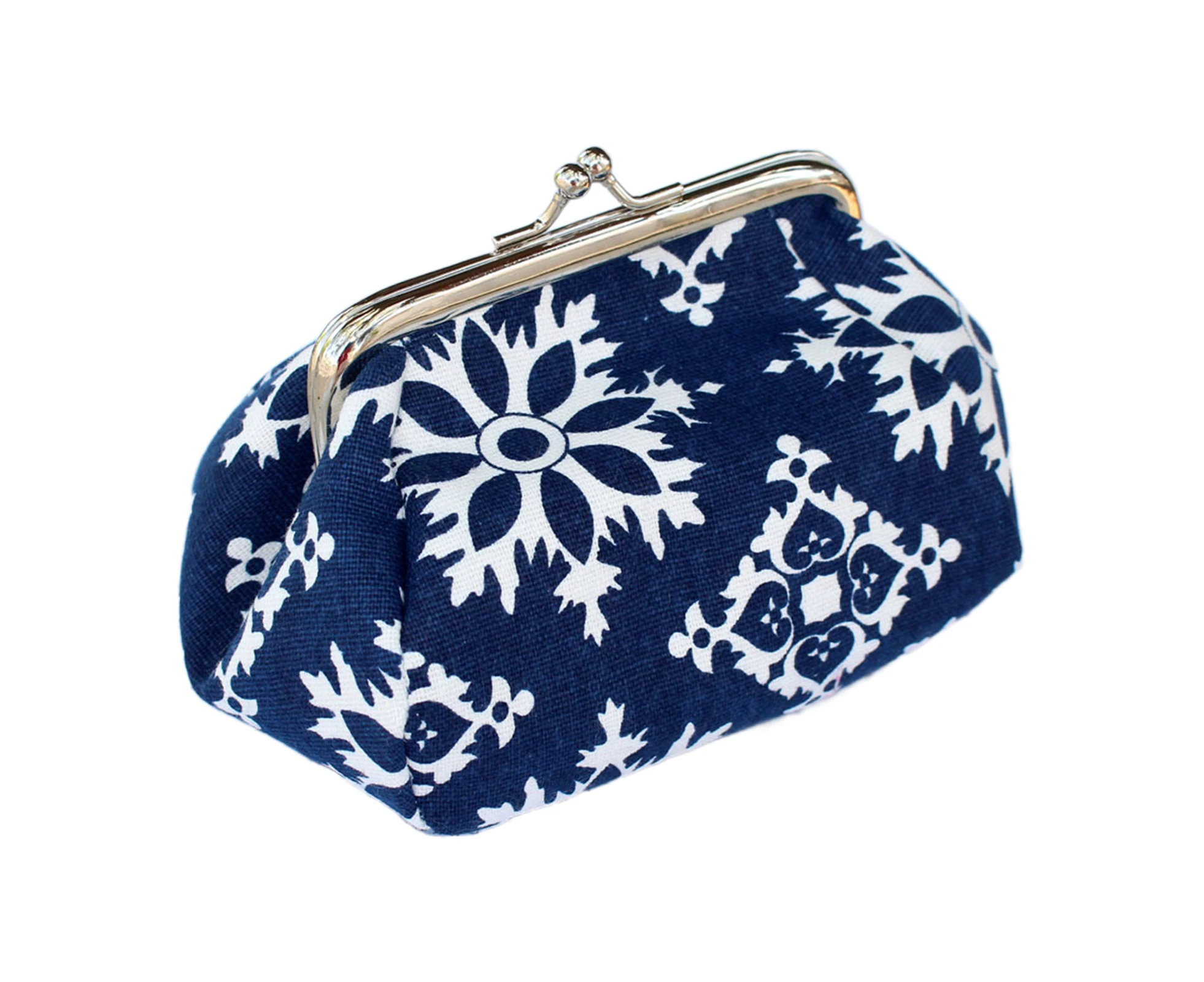 Women Flower Printed Canvas Wallet Card Holder Coin Purse Clutch Handbag Bag-Dark Blue 1