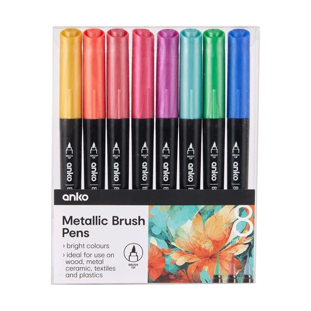 Metallic Brush Pens, Bright, 8 Pack  - Anko