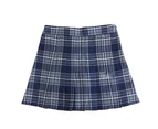 Women Girls School Pleated Skirt Summer High Waist Tartan Short Skirt - Navy Grid