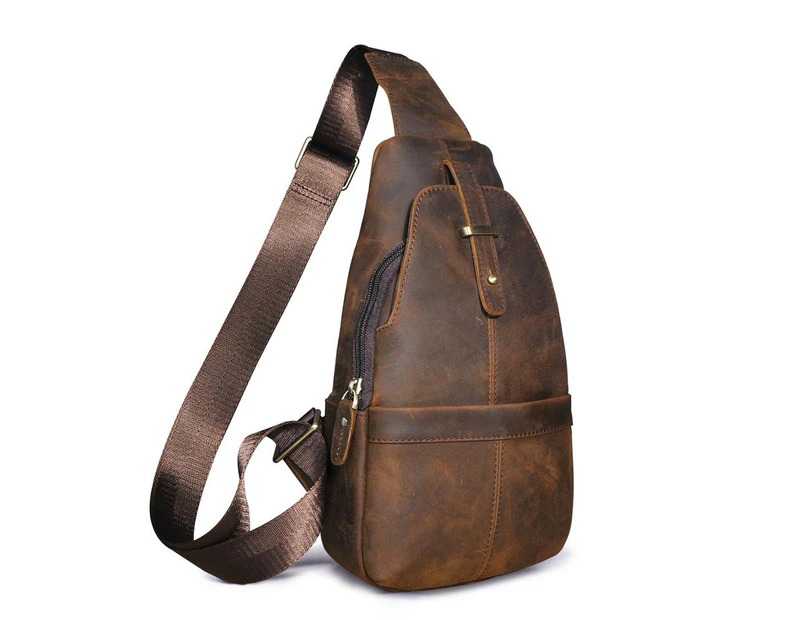 Men Crazy Horse Leather Casual Retro Triangle Chest Bag Design Sling One Shoulder Bag Crossbody Bag Daypack For Male 196 - Auburn