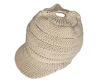 Winter High Bun Hat Cable Knit Soft Skull Cap Womens Ponytail Beanie Stretch - Cream