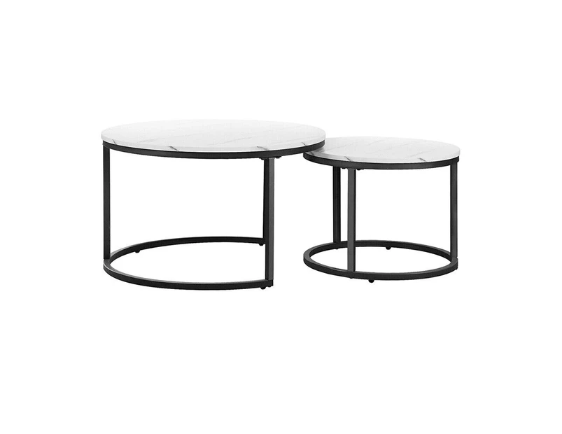 Stylish Set of 2 Coffee Table Marble Nesting Side Wooden Round Table Furniture - White and Black