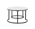 Stylish Set of 2 Coffee Table Marble Nesting Side Wooden Round Table Furniture - White and Black