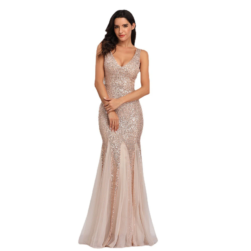 Evening Dress V-Neck Mermaid Sequined Formal Dresses Sleeveless Women Elegant Party Gowns Gold