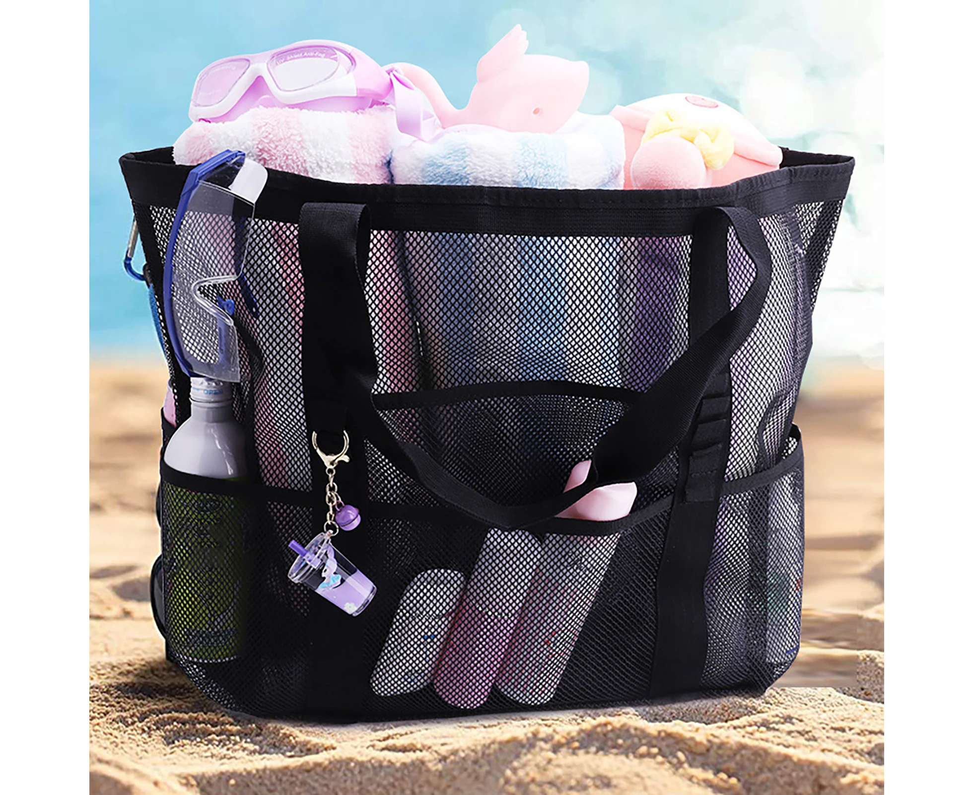 Beach Mesh Bag Hollow Out Waterproof Sandproof Multi-pocket Reinforced Handle Large Capacity Foldable Grocery Toy Travel Tote Bag for Outdoor Black