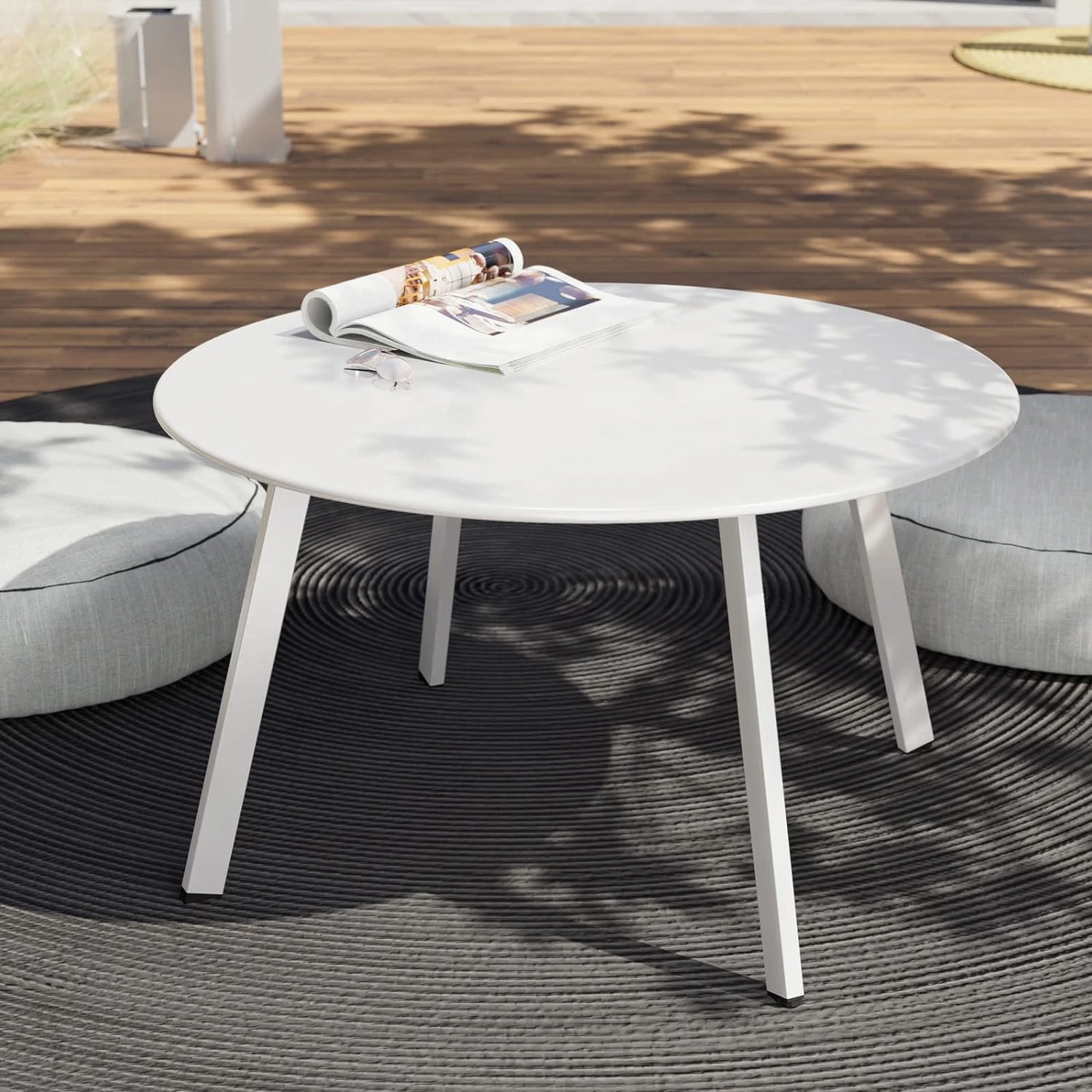 Patio Round Outdoor Coffee Table, Weather Resistant Metal Large Side Table for Balcony, Porch, Deck, Poolsid - White