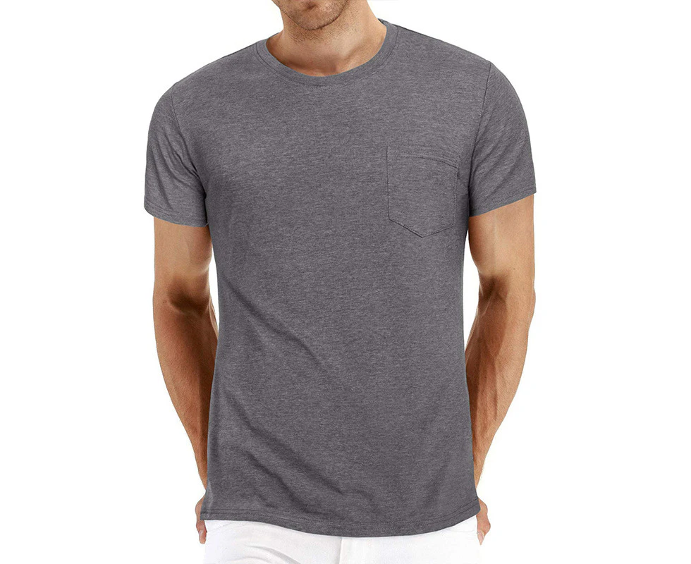 WeMeir Men's Short Sleeve Cotton T-shirts with Pocket Casual Muscle Gym Workout Athletic Shirts Cotton Blended Tee Tops - Dark Grey