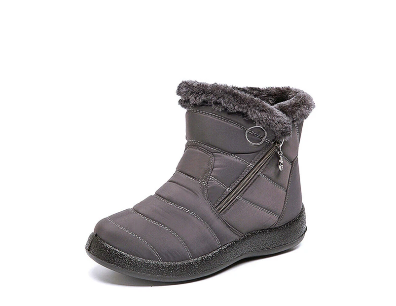 Women Fur Lined Snow Ankle Boots Ladies Winter Warm Waterproof Flat Shoes Size - Gray