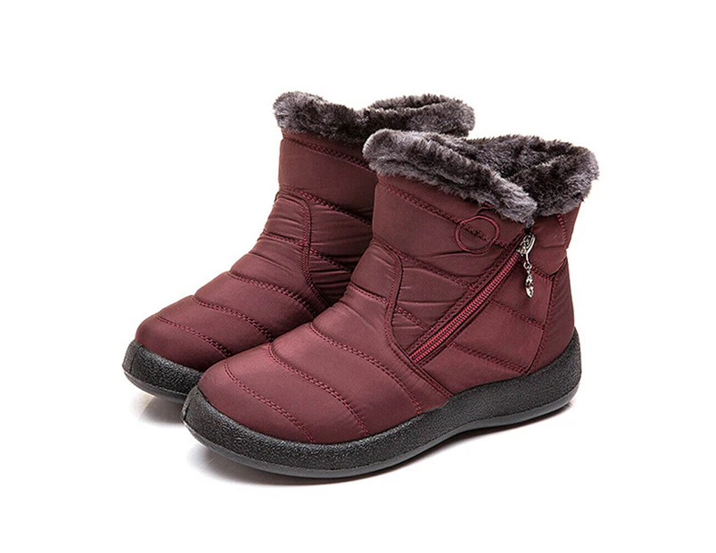 Women Fur Lined Snow Ankle Boots Ladies Winter Warm Waterproof Flat Shoes Size - Red