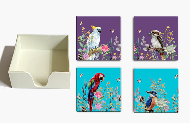 Wendy Gifts 11.2cm Ornithological Illustration Ceramic Coaster Set in PVC Box