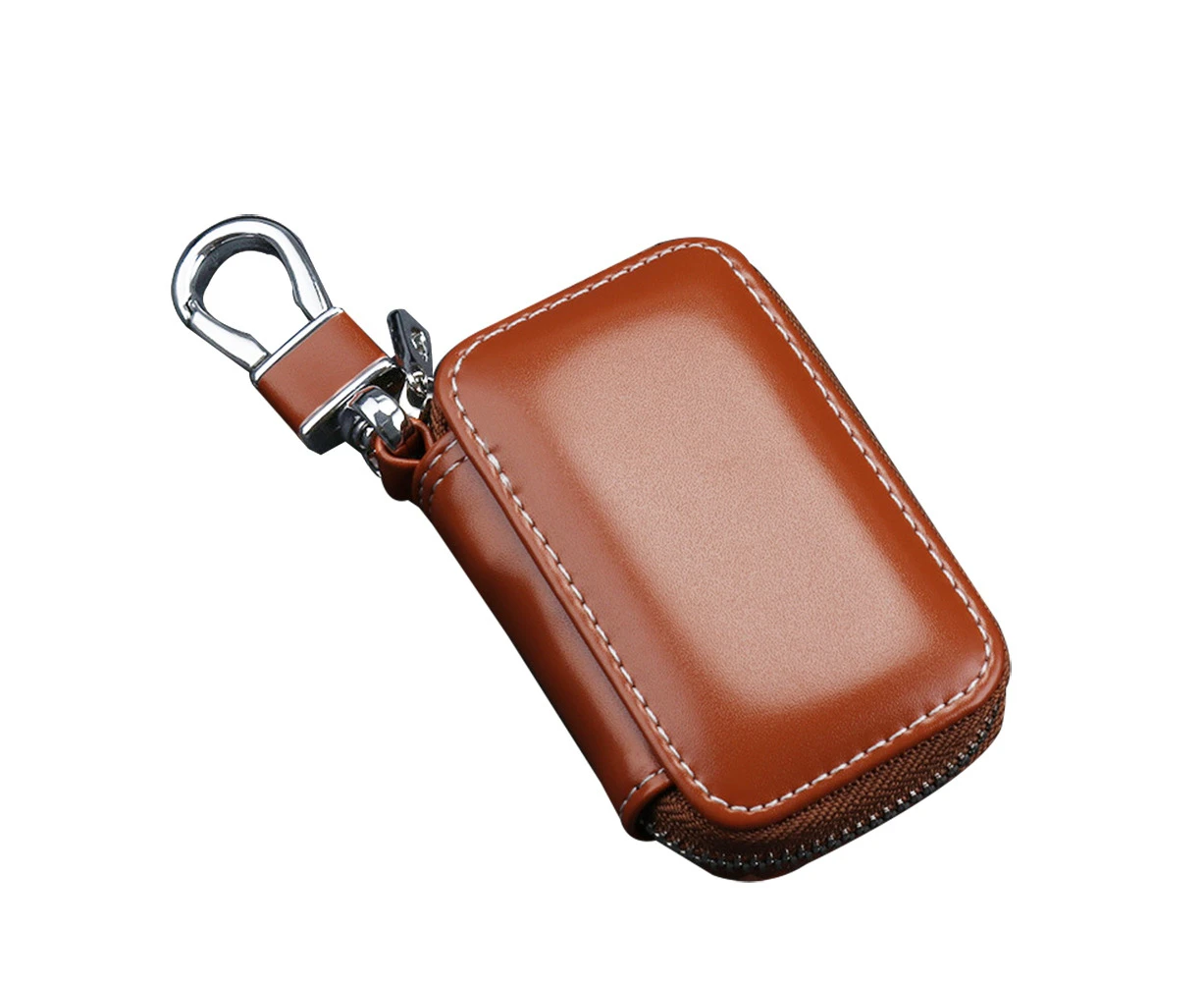 Stylish Genuine Leather Car Key Fob Case Cover Keychain Zipper Bag Protector-Brown Cowhide + Zinc Alloy