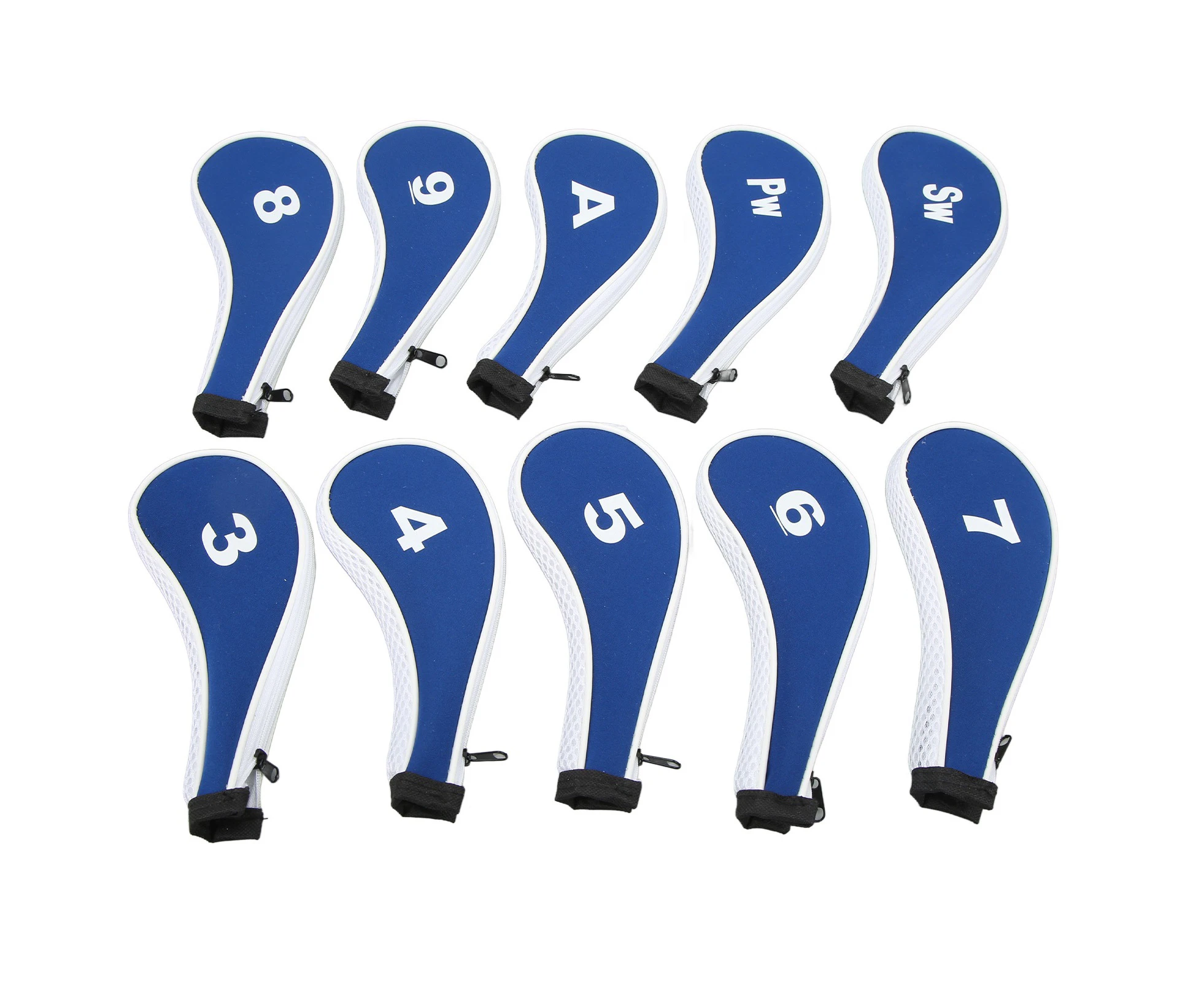 10Pcs Golf Iron Head Cover With Number Printing Neoprene Zippered Golf Club Irons Covers Royal Blue White Zipper