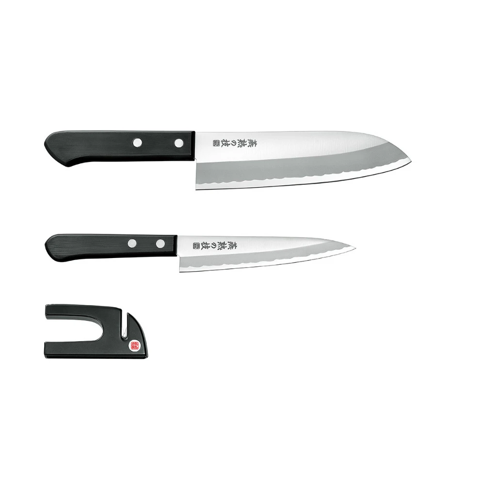 Yokoyama Santoku Kitchenware 3pc Set Knife - 16.5cm  Petty Knife 13.5cm  Mini Sharpener