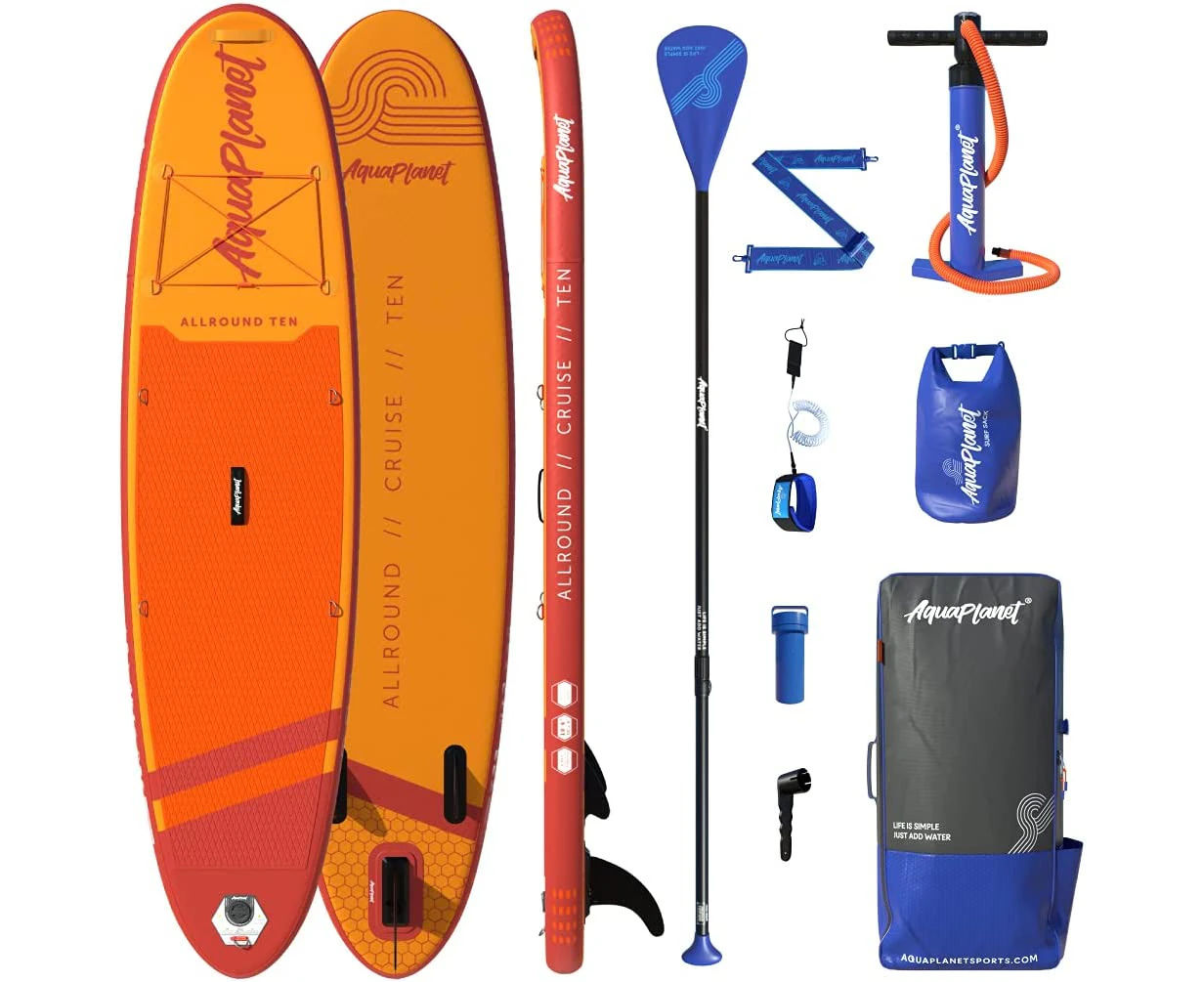 Aquaplanet ALLROUND TEN SUP Package - Stand Up Inflatable Paddle Board Kit - 10' Long - Orange