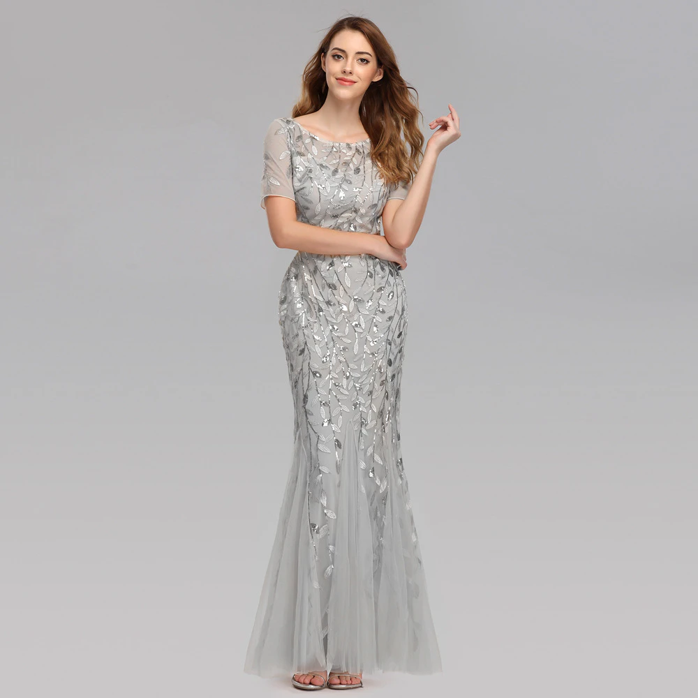 Evening Dress V-Neck Mermaid Sequined Formal Dresses Women Elegant Party Gowns Silver