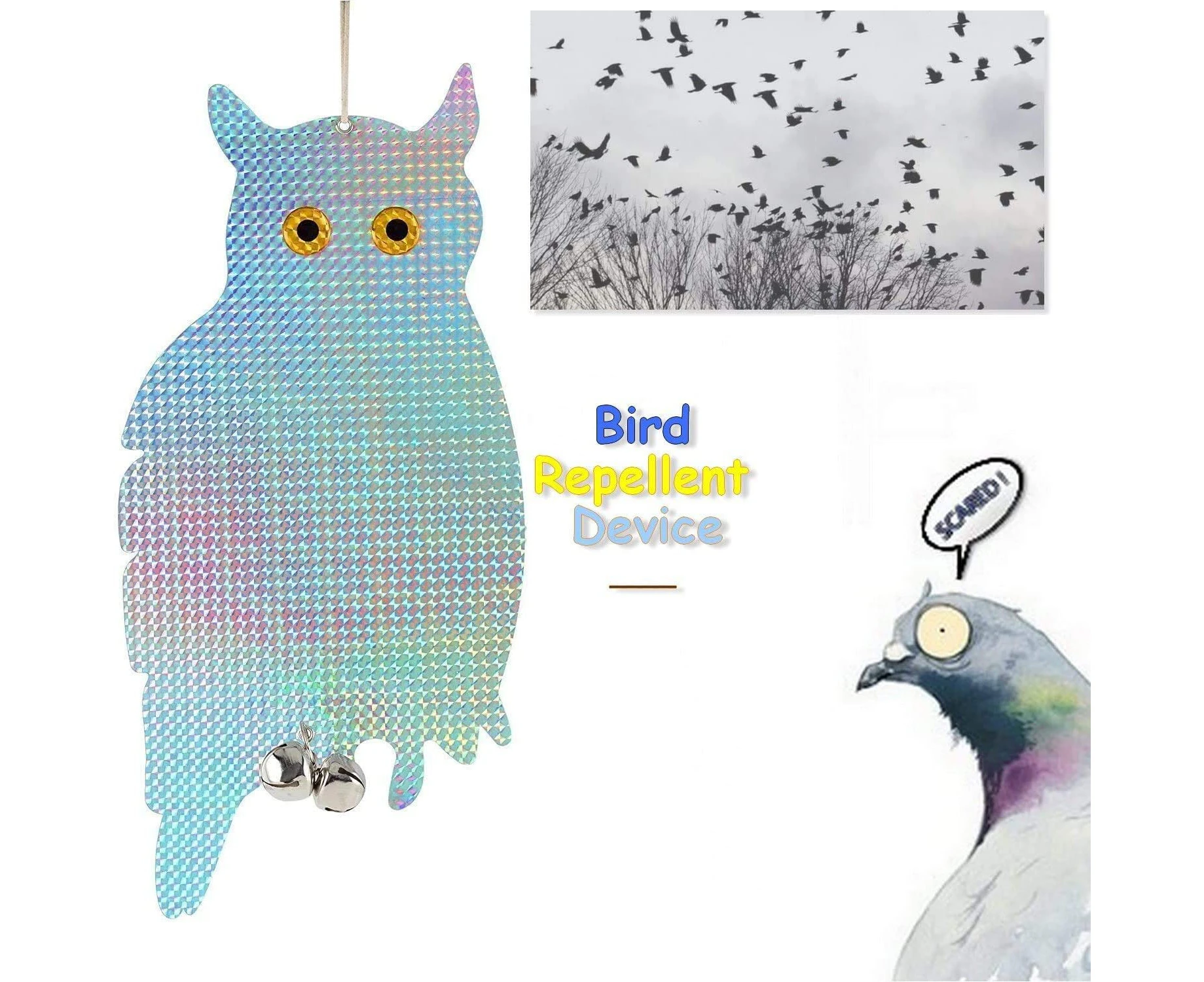 Bird Repeller Pigeon Repellent Owl Shape Luminous Reflective, Set Of 2 Anti Pigeon With Bird Bell