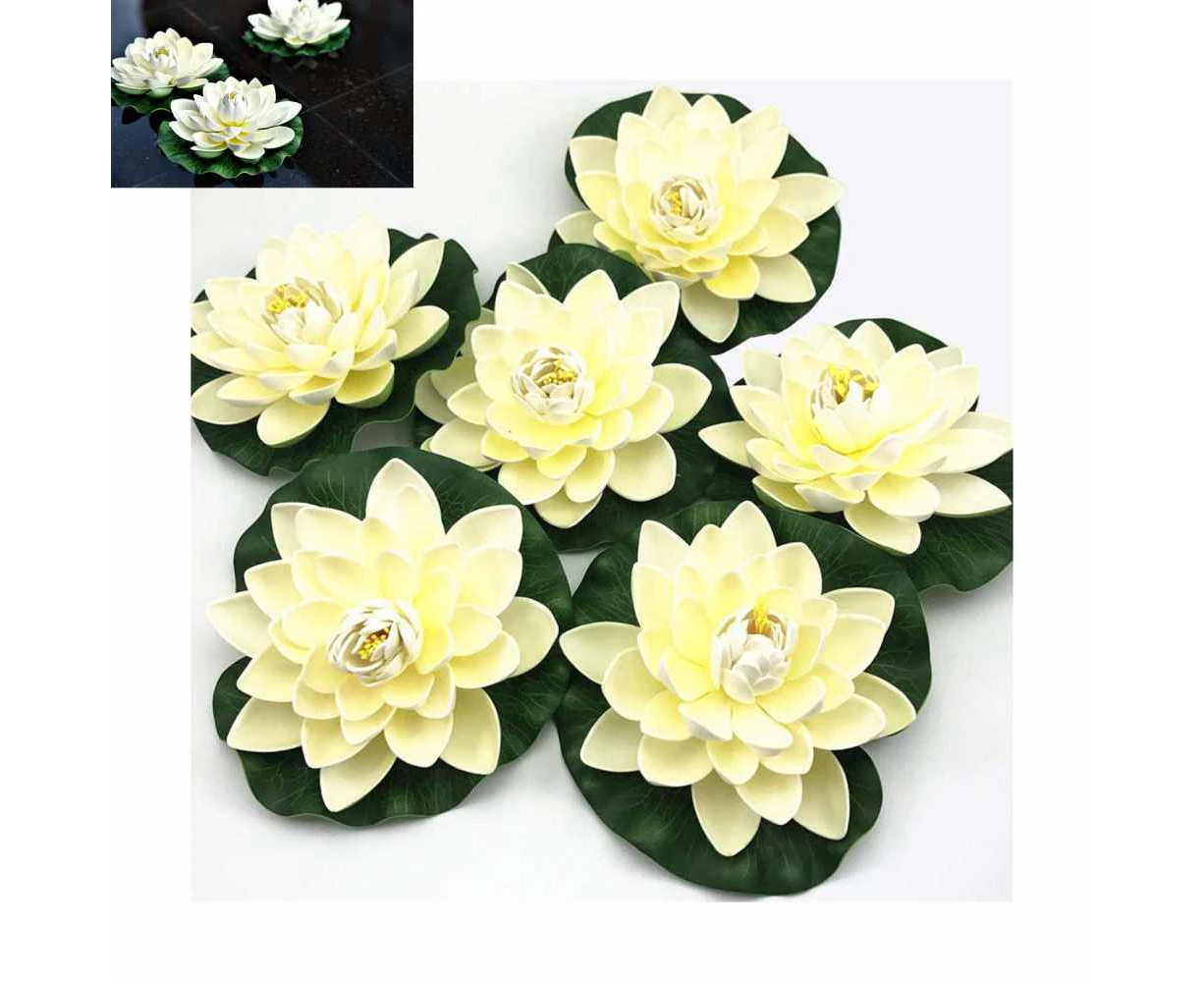 6PCS Artificial Floating Foam Lotus Flowers, with Water Lily Pad Ornaments, Ivory White, Perfect for Patio Koi Pond Pool Aquarium