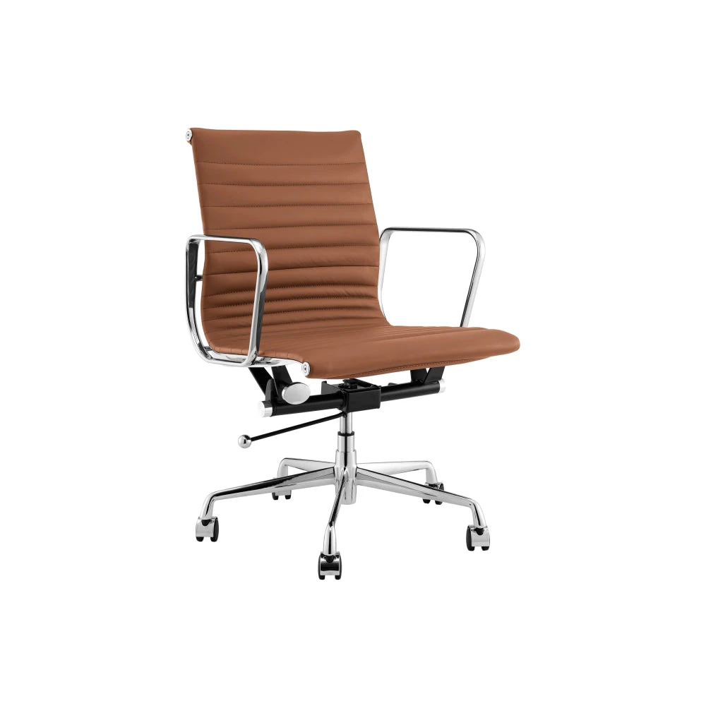 Eames Replica Standard Aluminium Low Back Office Computer Work Task Chair - Tan Leather - Tan