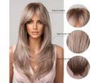 Long Straight Gray Rose Blonde Synthetic Hair Wigs with Long Bangs for White Women Natural Cosplay Layered Hair Heat Resistant