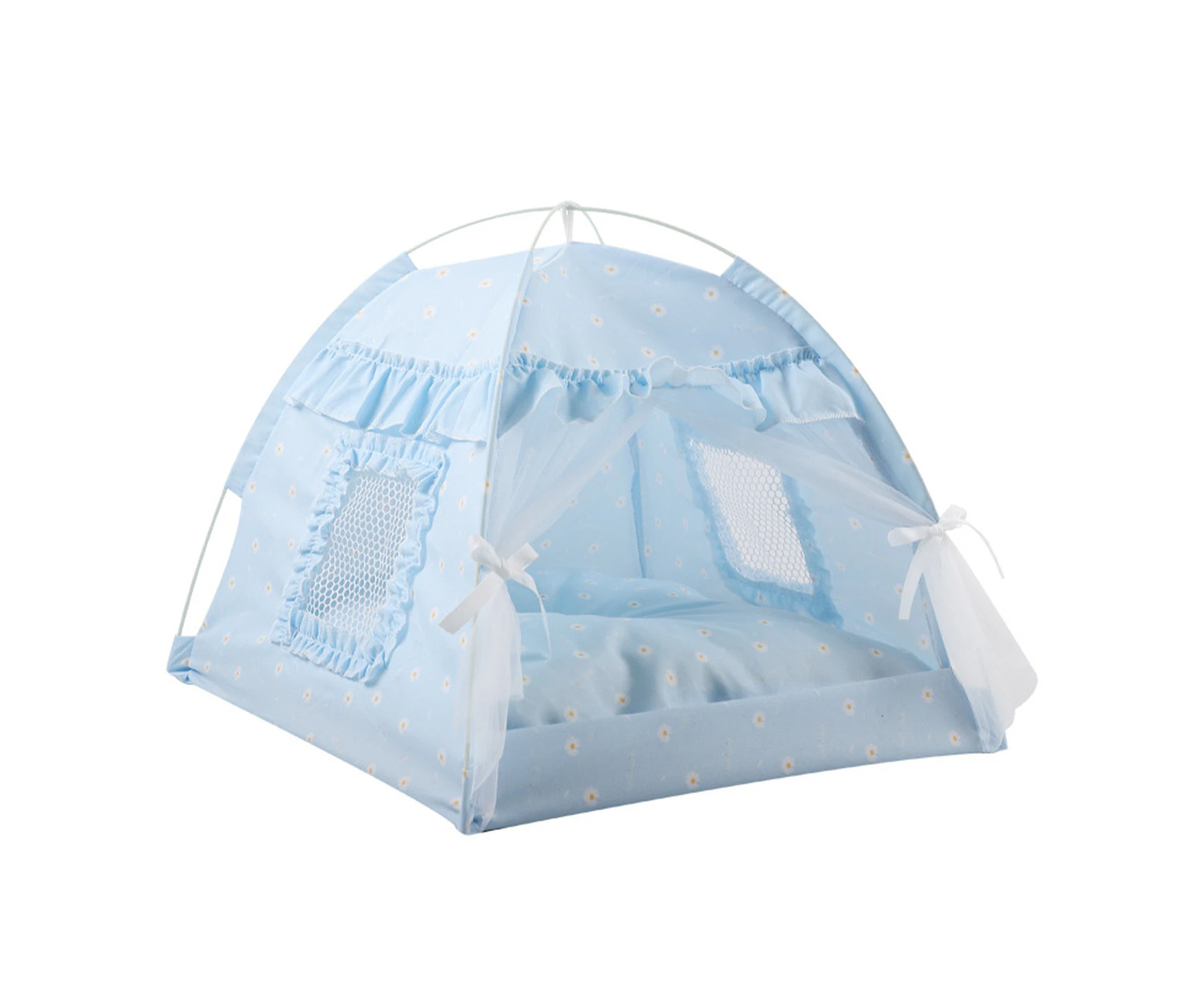 Cat Tent House Semi Enclosed Foldable Ventilate Gauze Curtain Summer Pet Tent Nest For Pet 15.7X15.7X14.6In, Suitable For Pets Up To 2.5Kg/5.5Lb Blue Lace