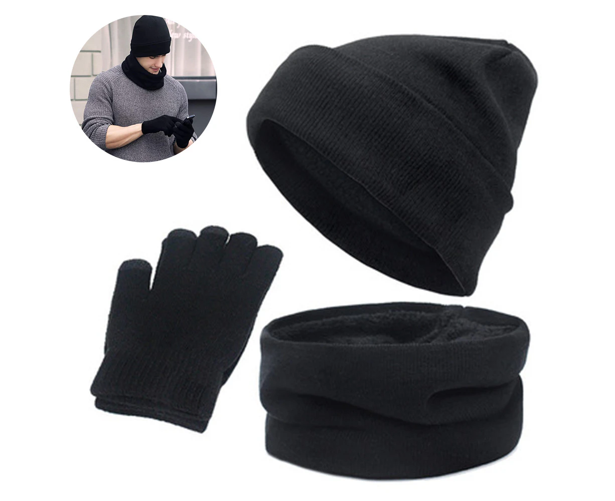 1set/3pcs Winter Hat Scarf Gloves Set for Men and Women, Beanie Gloves - Black