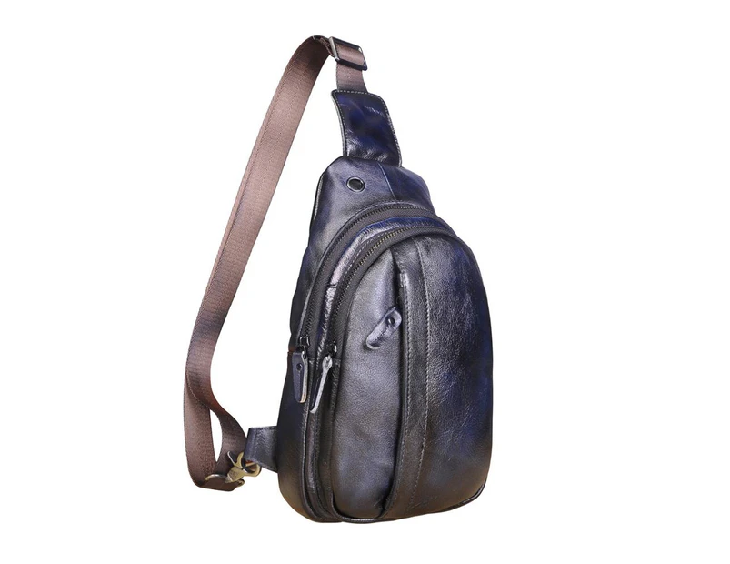 New Real Natural Leather Retro Travel Sling Chest Pack Bag Pouch Design Triangle One Shoulder Cross body Bag For Men Male 010 - Deep Blue