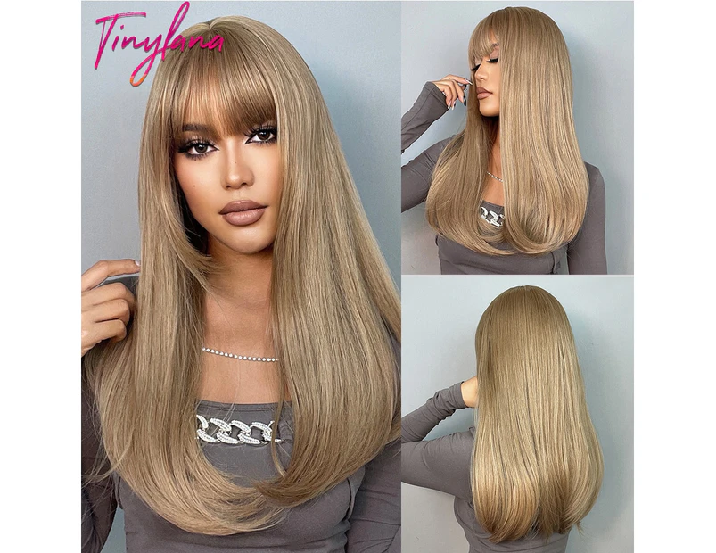 Long Straight Synthetic Wig with Bangs For Women Dark Black Brown Layered Wigs Blonde Natural Daily Hair Cosplay Heat Resistant