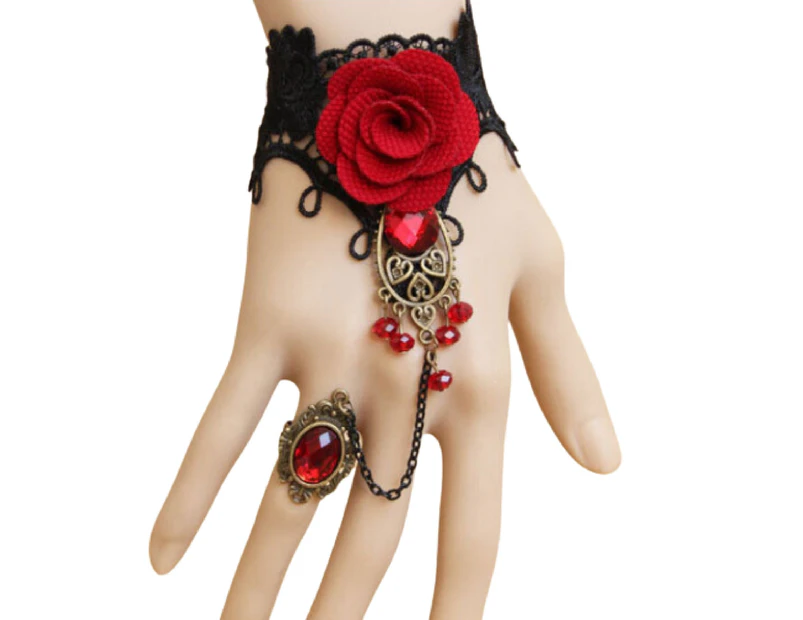 Rose Decor Black Lace Ring Bracelet Women Faux Gem Faux Pearl Ring Hand Chain Jewelry Accessory-Red