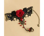 Rose Decor Black Lace Ring Bracelet Women Faux Gem Faux Pearl Ring Hand Chain Jewelry Accessory-Red