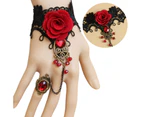 Rose Decor Black Lace Ring Bracelet Women Faux Gem Faux Pearl Ring Hand Chain Jewelry Accessory-Red