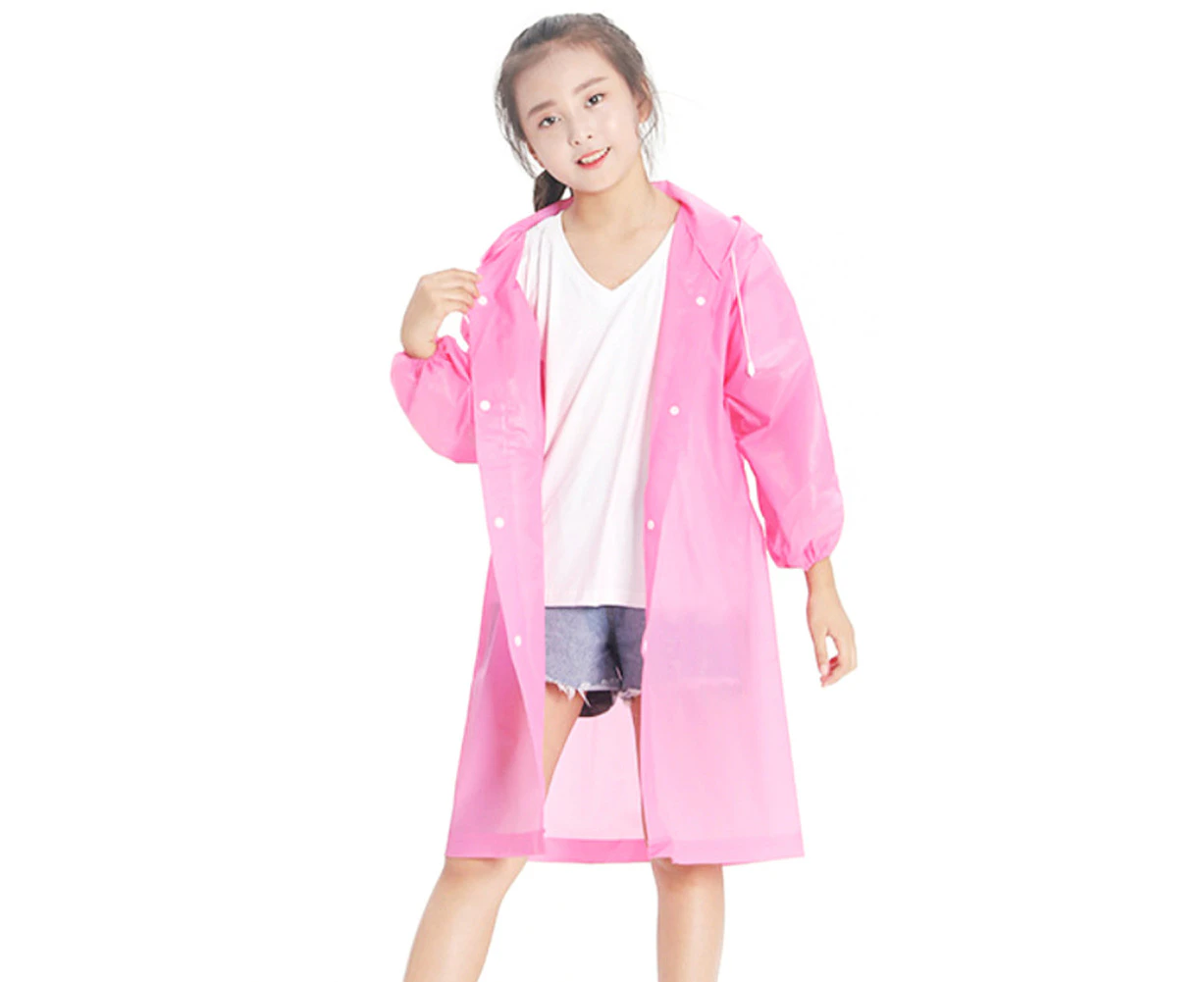 Kids Boy Girl See Through EVA Raincoat Long Hooded Rain Cover Outdoor Rainwear-Pink