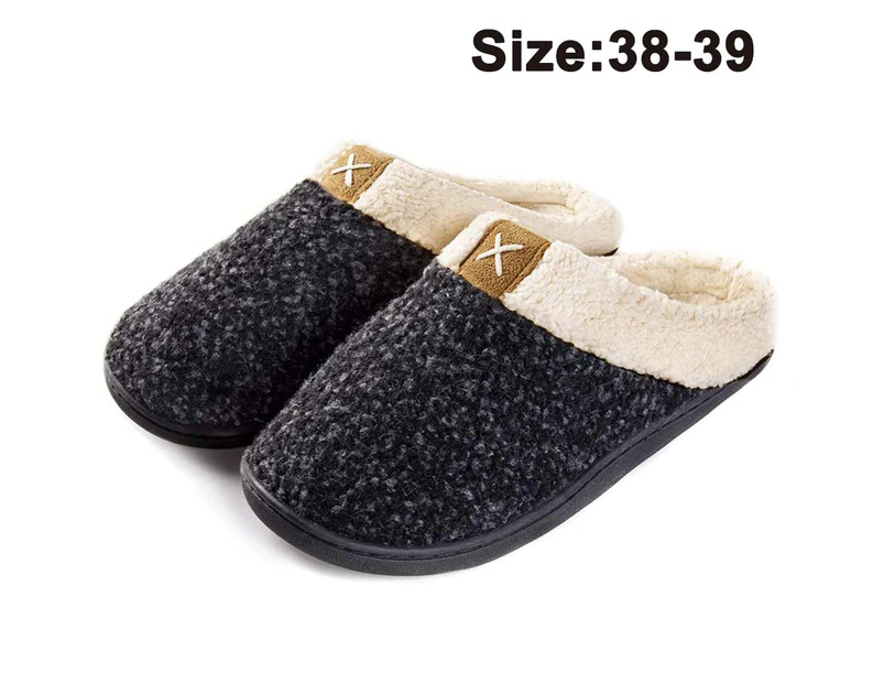 Cozy Memory Foam Slippers Fuzzy Wool-Like Plush Fleece Lined House Shoes W/Indoor, Outdoor Anti-Skid Rubber Sole - Black