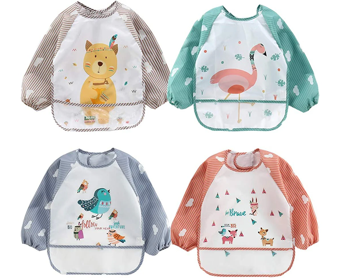 4 Pcs Long Sleeved Baby Bibs Waterproof Sleeved Bib 0-4 Years - Multi