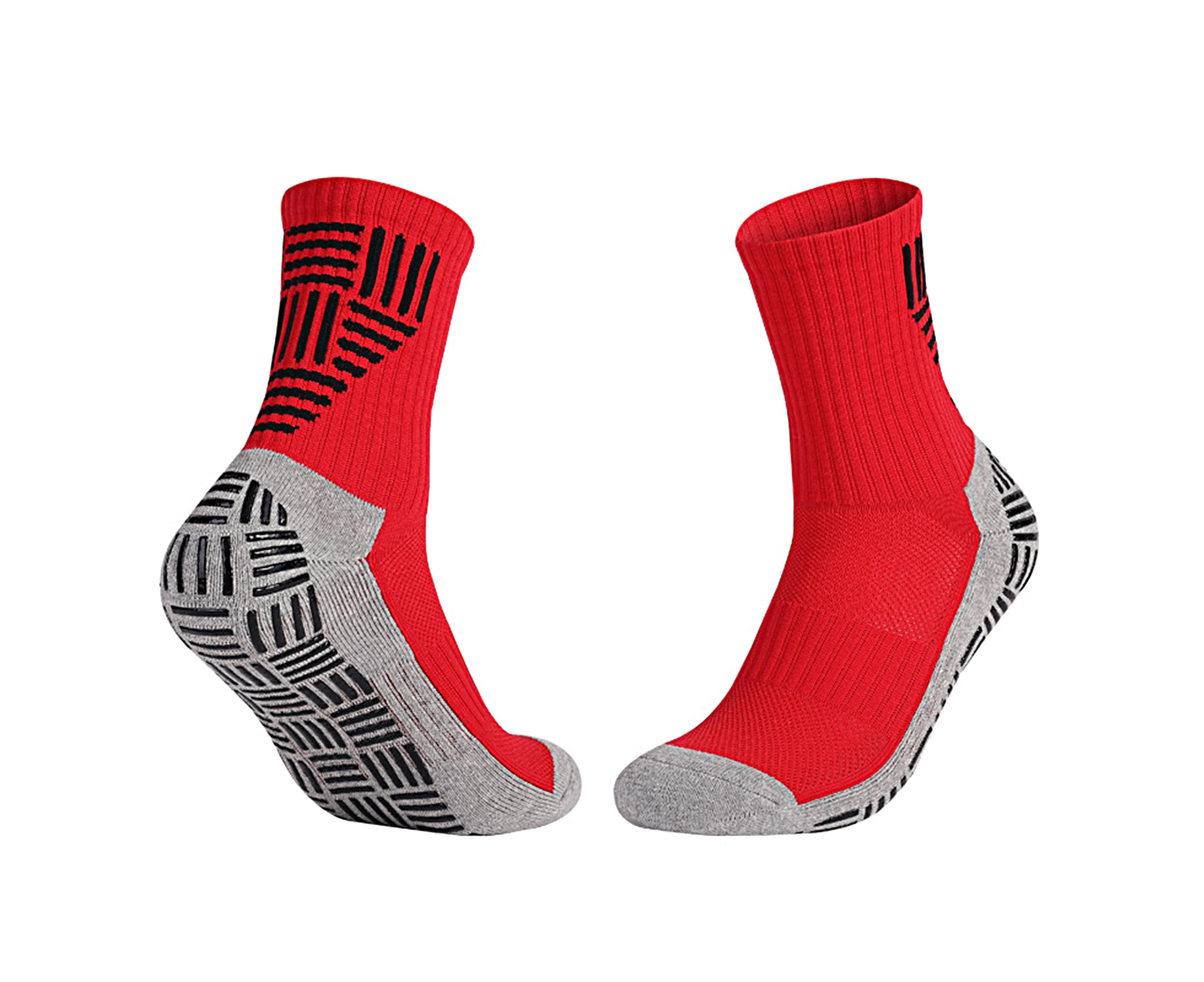 1 Pair Football Socks Anti-slip Sweat-absorbent Striped Mid Calf Men Soccer Cycling Sports Grip Socks for Running-Red