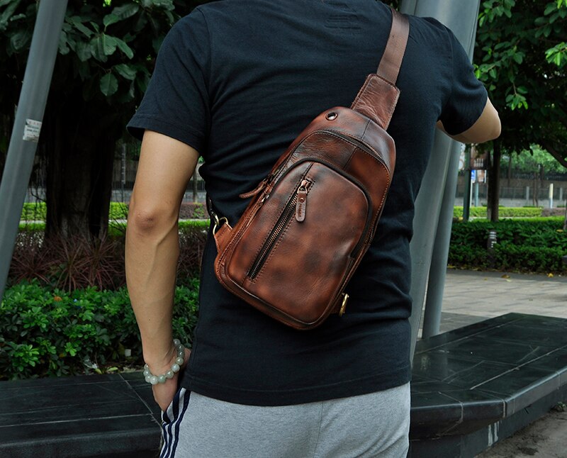 Quality Leather Men Casual Fashion Travel bag Triangle Bag Chest top Sling Bag Design tab tablet ipad bag Shoulder Strap Bag Daypack Male