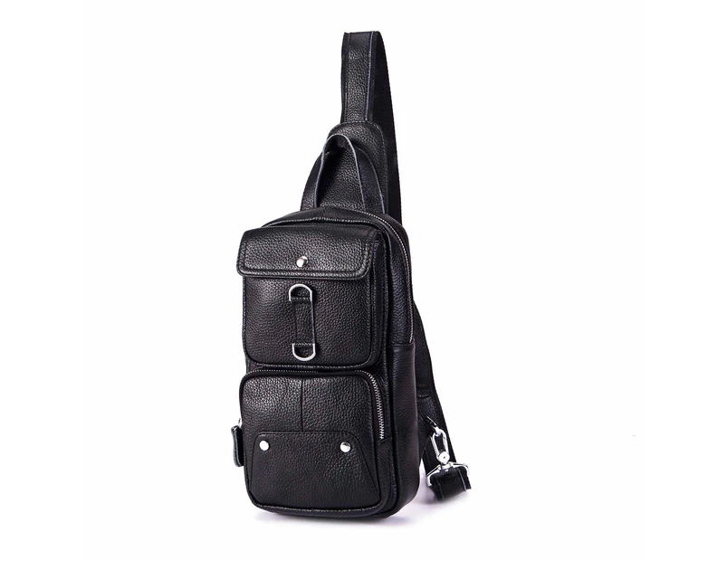 Men Quality Real Leather Casual Fashion Black Crossbody Chest Sling Bag Design Travel One Shoulder Bag Daypack Male 20310 - Black