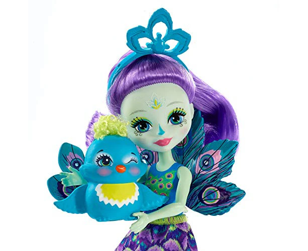 Enchantimals Patter Peacock Doll & Flap Figure, 6-inch small doll, with long purple hair, peacock wings, removable skirt, headpiece and shoes