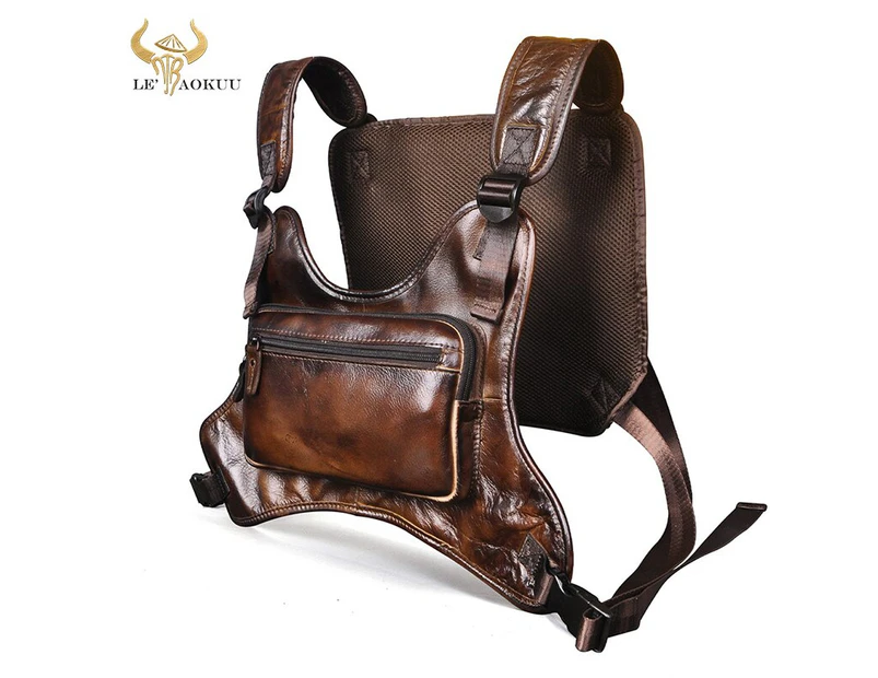 Oil Wax Leather Vintage Wine Streetwear Men Hip-Hop Chest Bag Two Straps Chest Rig Bag Fashion Rectangle Chest Utility Pack 291 - Chocolate