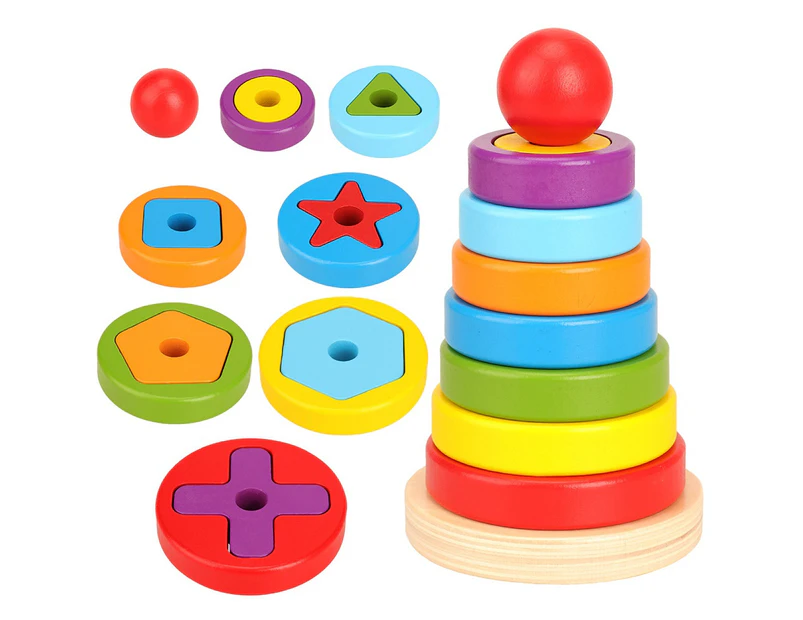 Baby Kids Wooden Rainbow Ring Geometric Building Blocks Stacking Game Puzzle Toy