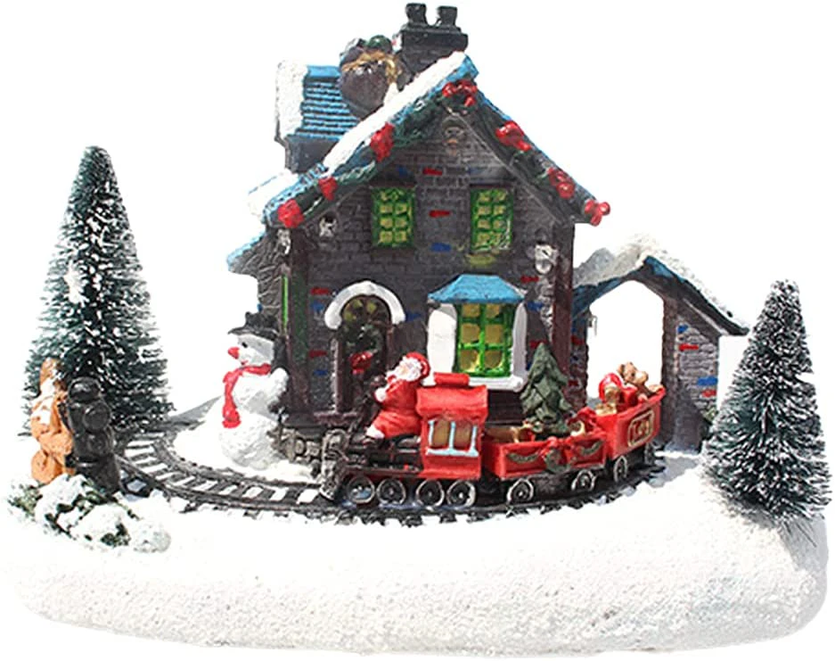 Creative Color LED Christmas Lights, Little Train Village House Landscape Light, Snow Resin Figurines,LED Christmas Village Lights